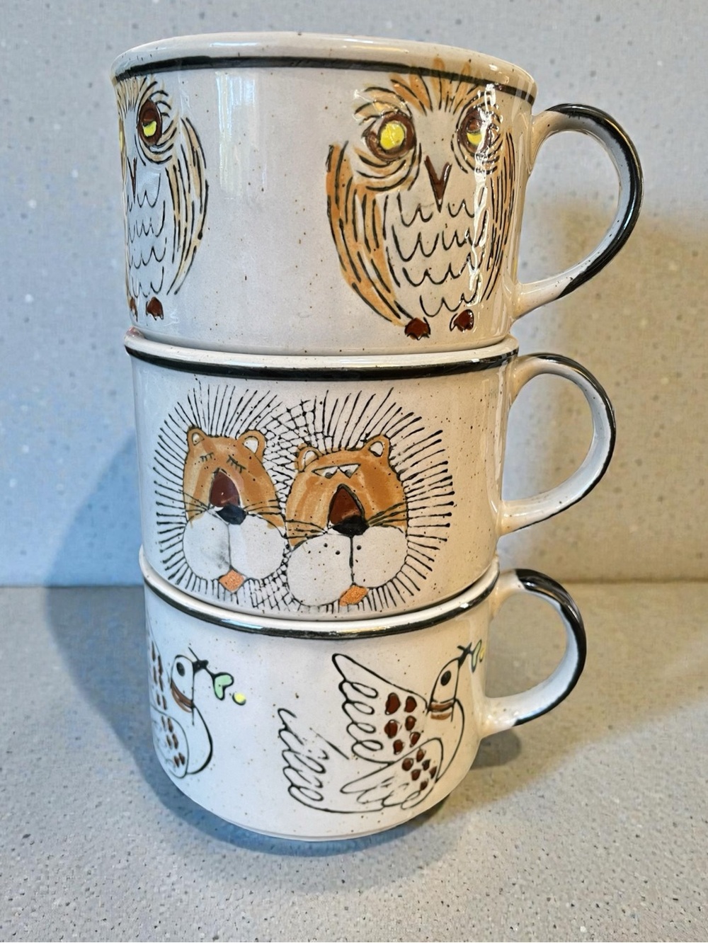 Set of 3 vintage stoneware soup mugs, made in Korea, 1970’s / 1980’s